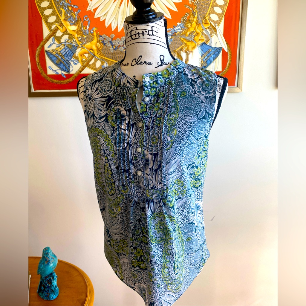 J. Crew Blouse Sleeveless Tunic Top Buttons Paisley Floral Botanical Size 0